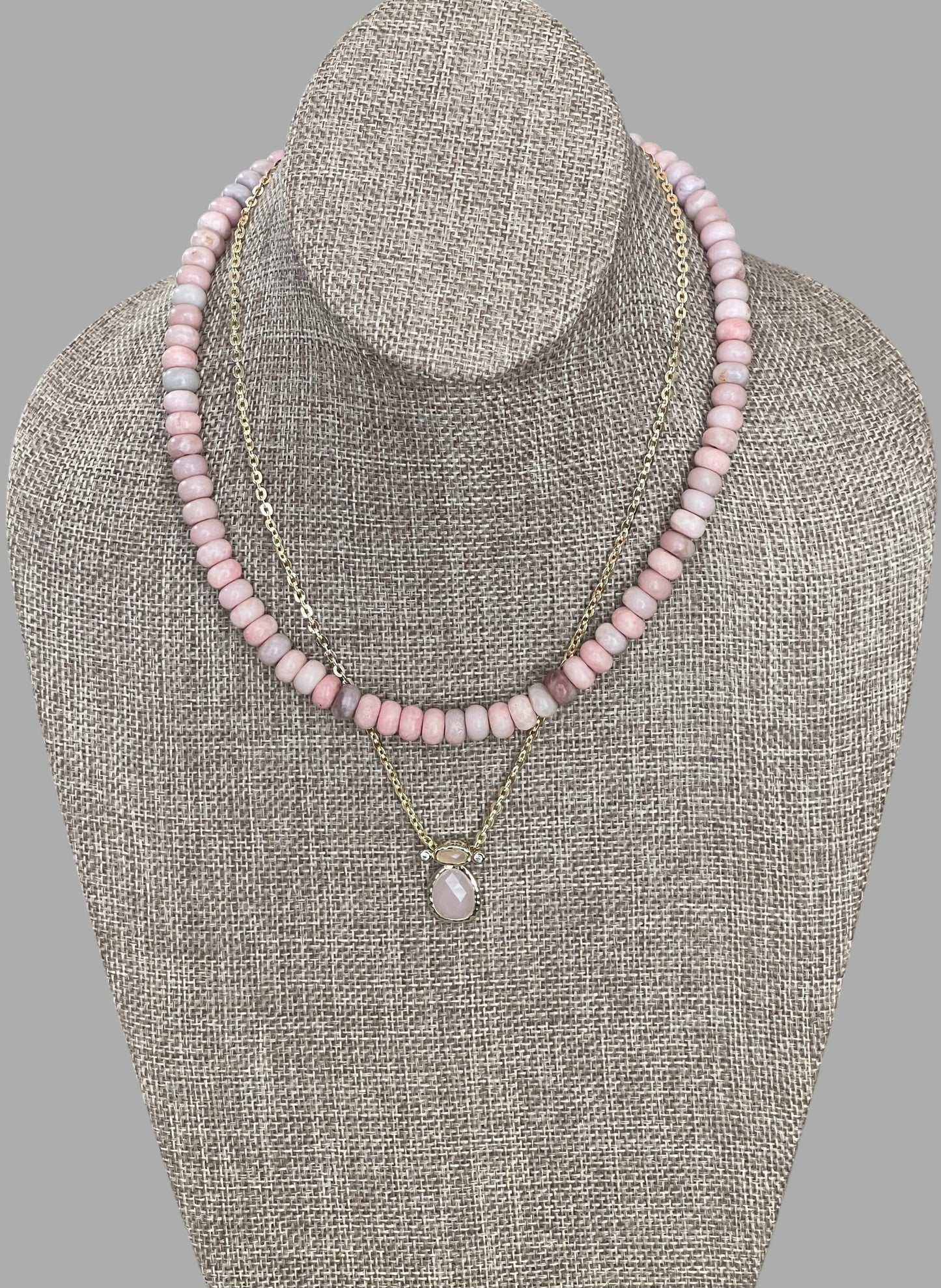The Chic Pink Set: Matte pink opals with a gold charm holder clasp & a gold filled chain w a pink crystal and CZ charm OOAK