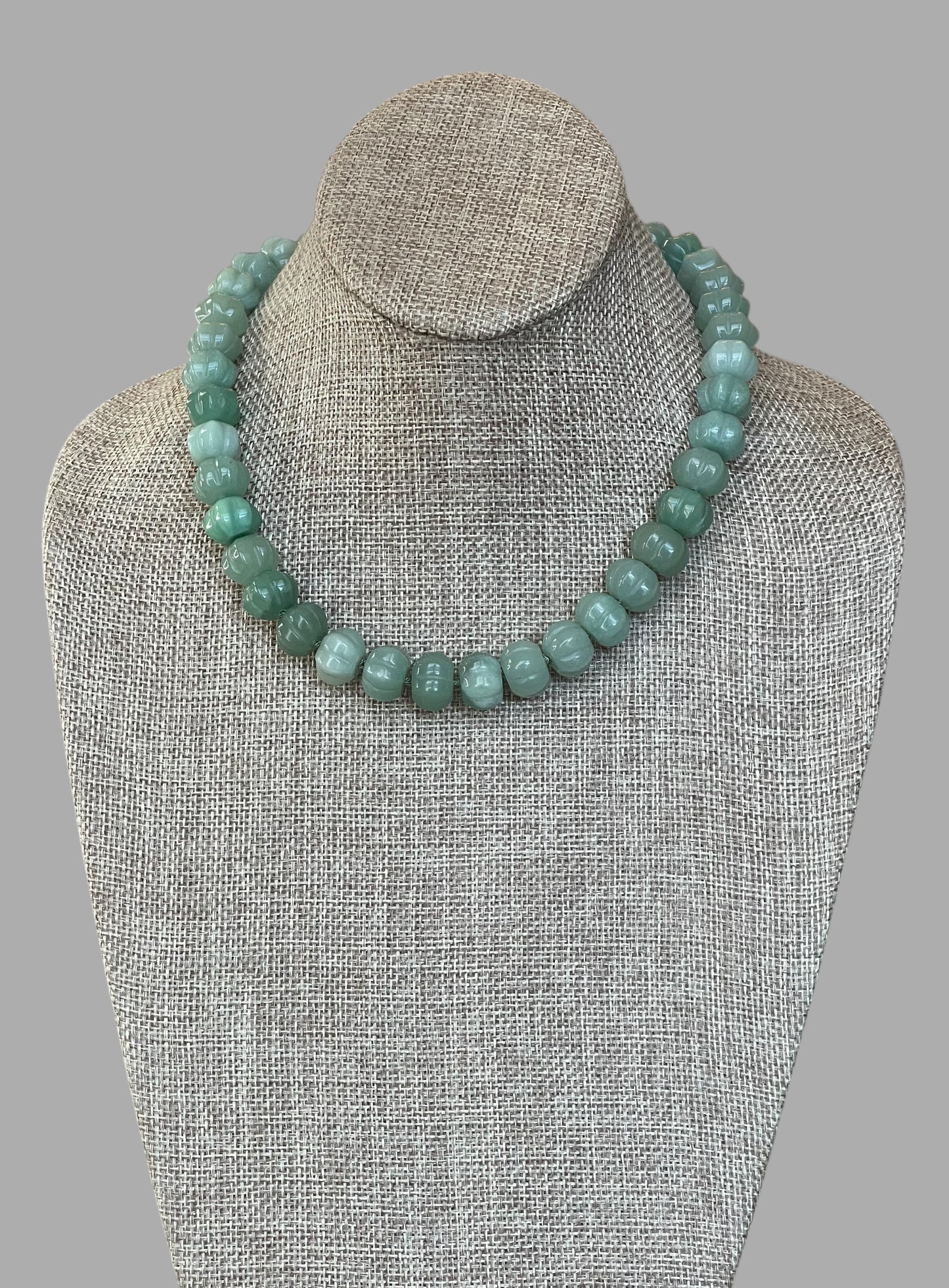 Sage Serenade Necklace OOAK: Sage green hand carved gemstones Hand-knotted on silk