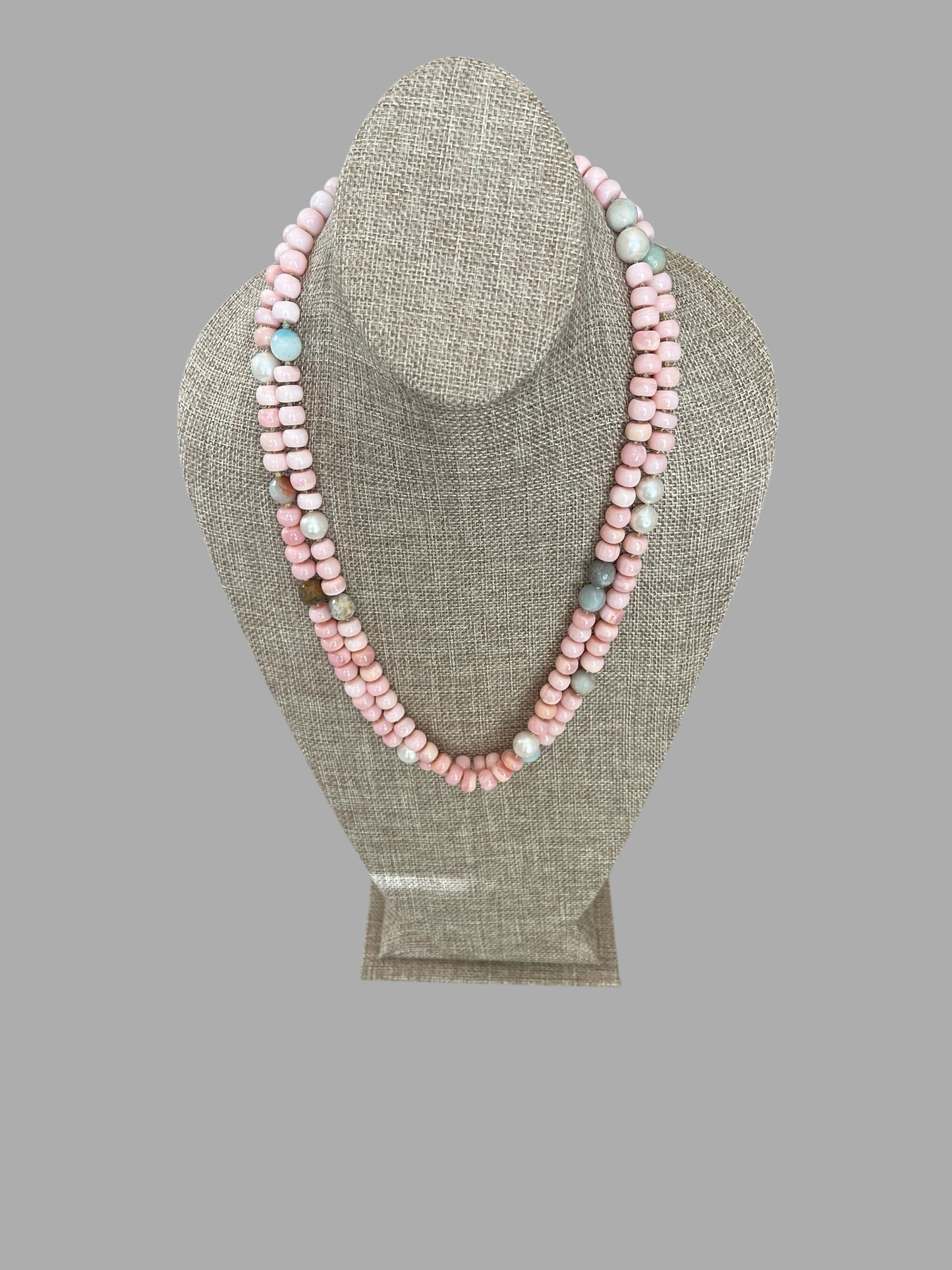 The Audrey Necklace: Natural pink opals hand knotted on pale green silk w Pearls and Amazonite