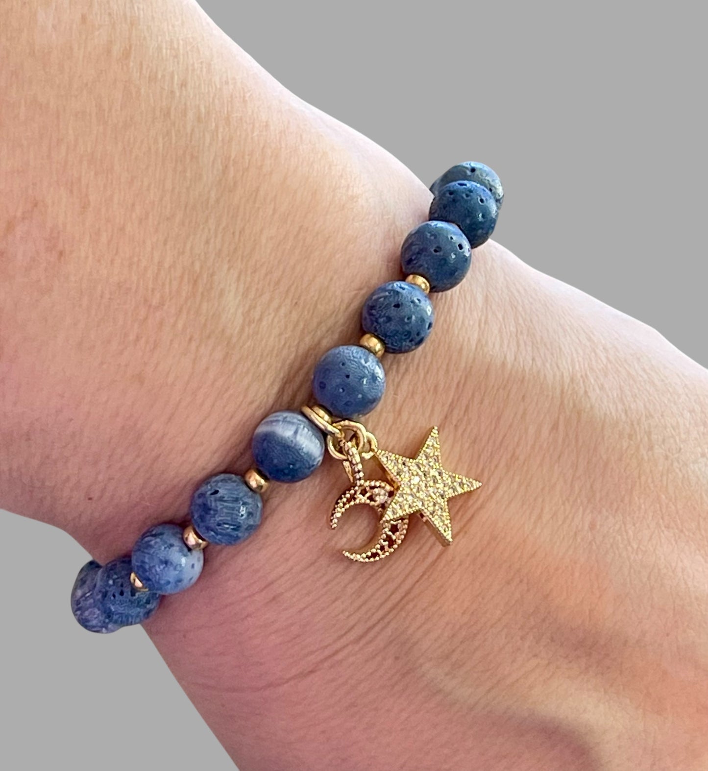 The Celestial Bracelet: Indonesian Coral beads perfect for essential oil diffusing, Gold charms with CZ accents