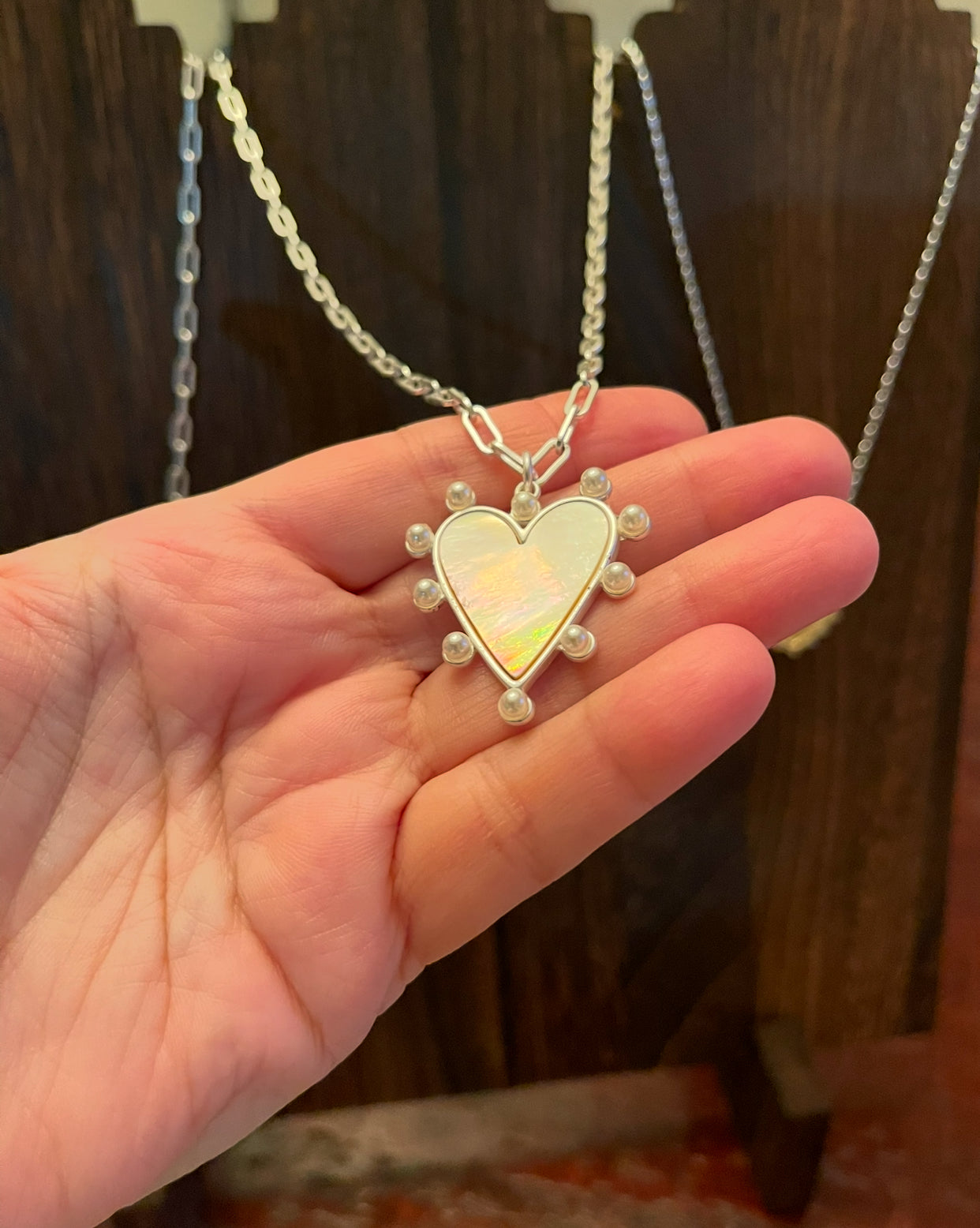 Silver Siren Necklace OOAK: Bright silver Paperclip chain with a stunning Pearl trimmed heart pendant with a mother of pearl center