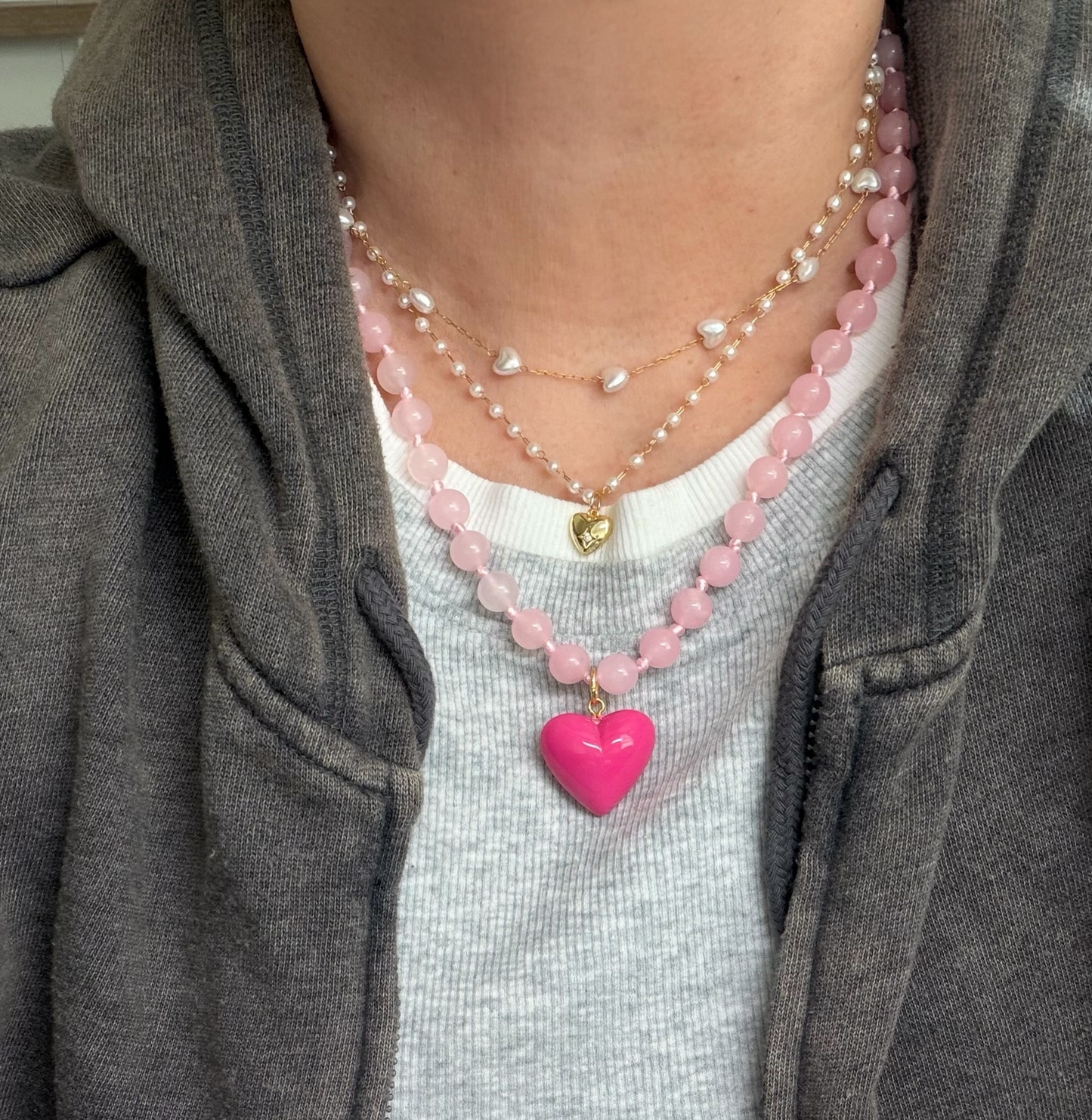 La Vie en Rose necklace: Rose Quartz round beads with choice of Heart pendant