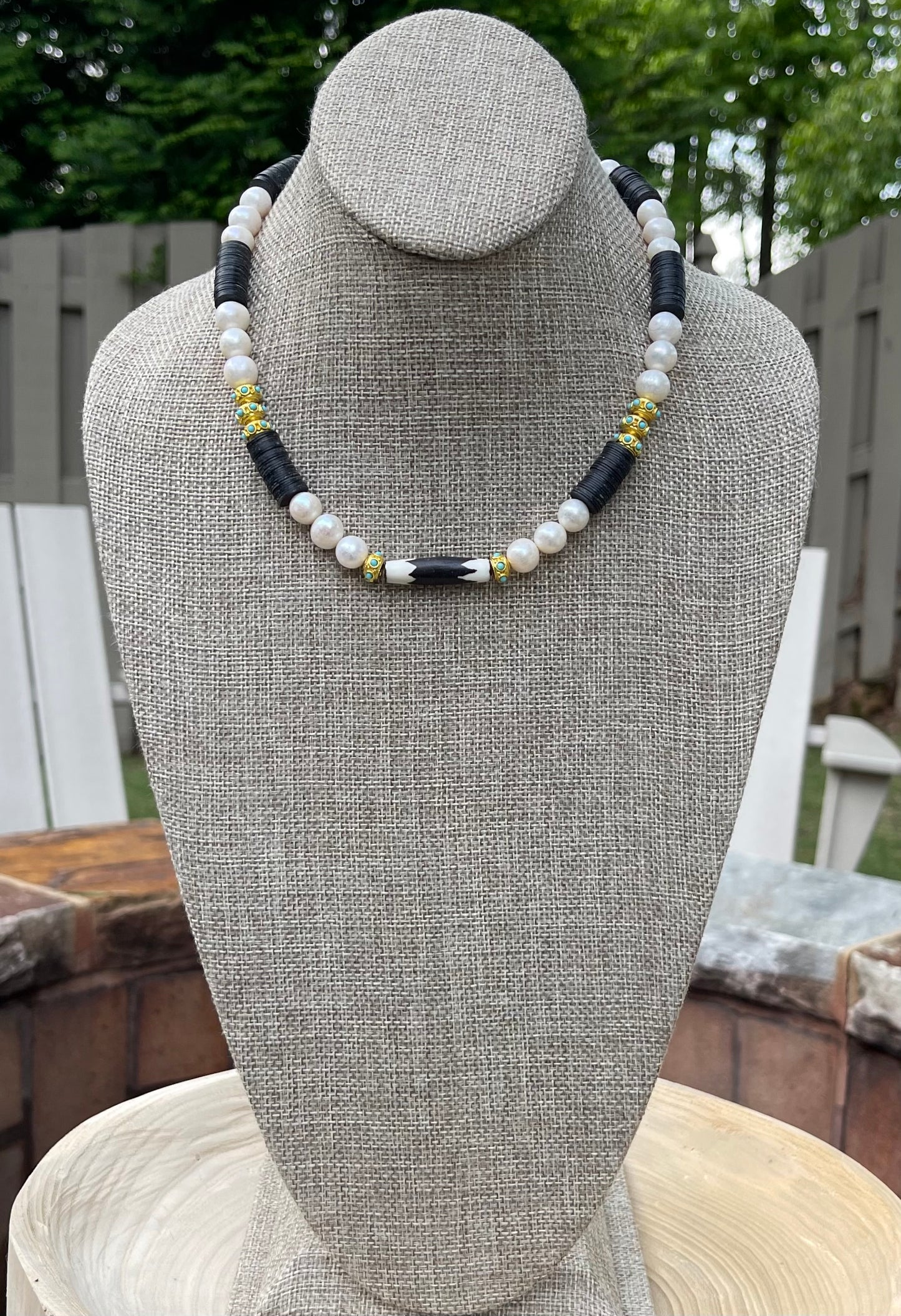 Tribal Throne Necklace: Creamy Freshwater Pearls African beads & gold accents OOAK