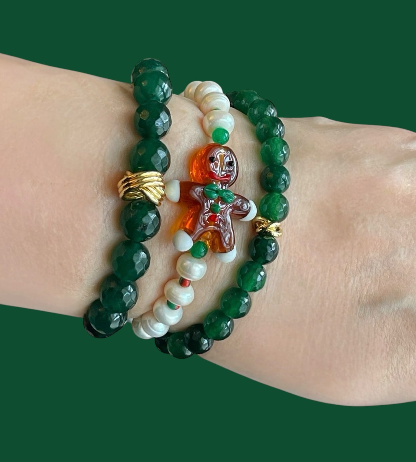 Evergreen Dream Bracelets: 2 Styles Deep green Dyed Quartz faceted beads w/ gold accent bead 8mm Size or 10mm Size