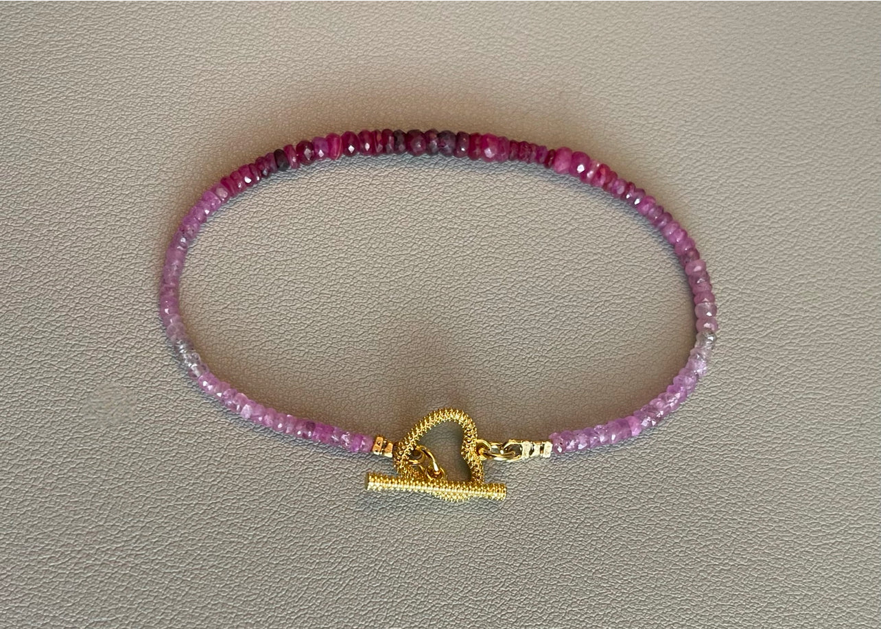 Gradient Ruby Bracelet: Genuine Ruby gemstones Textured gold heart toggle clasp OOAK