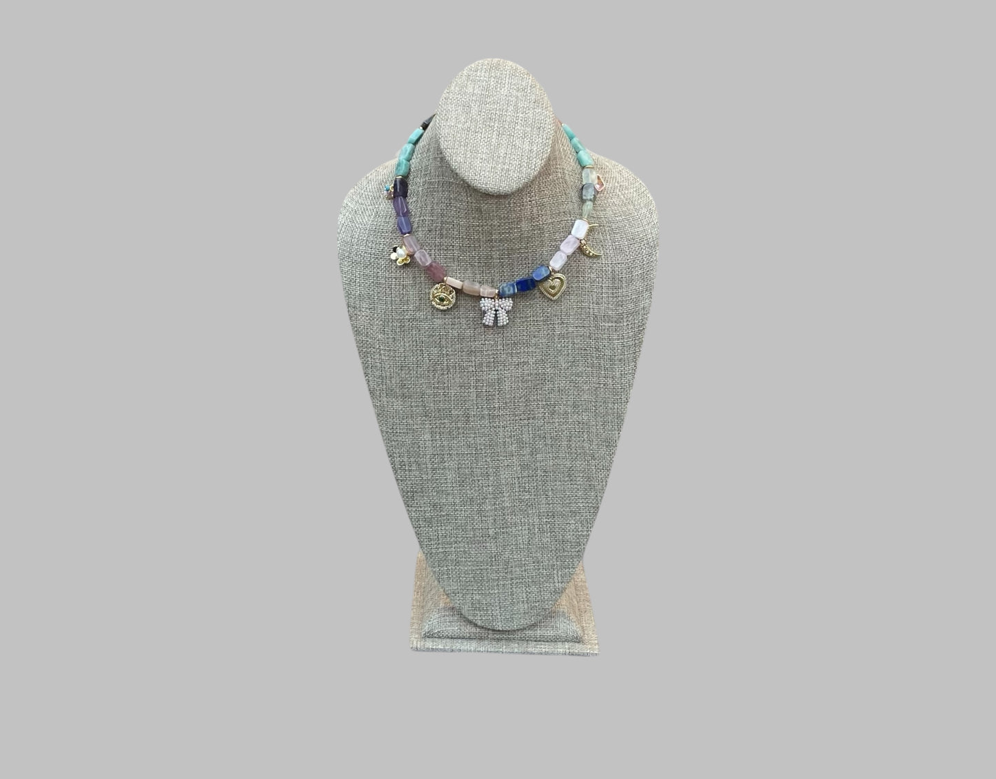 The Gemmy Charms Necklace: Mixture of Gemstone rectangle beads and fun gold charms—Limited Edition