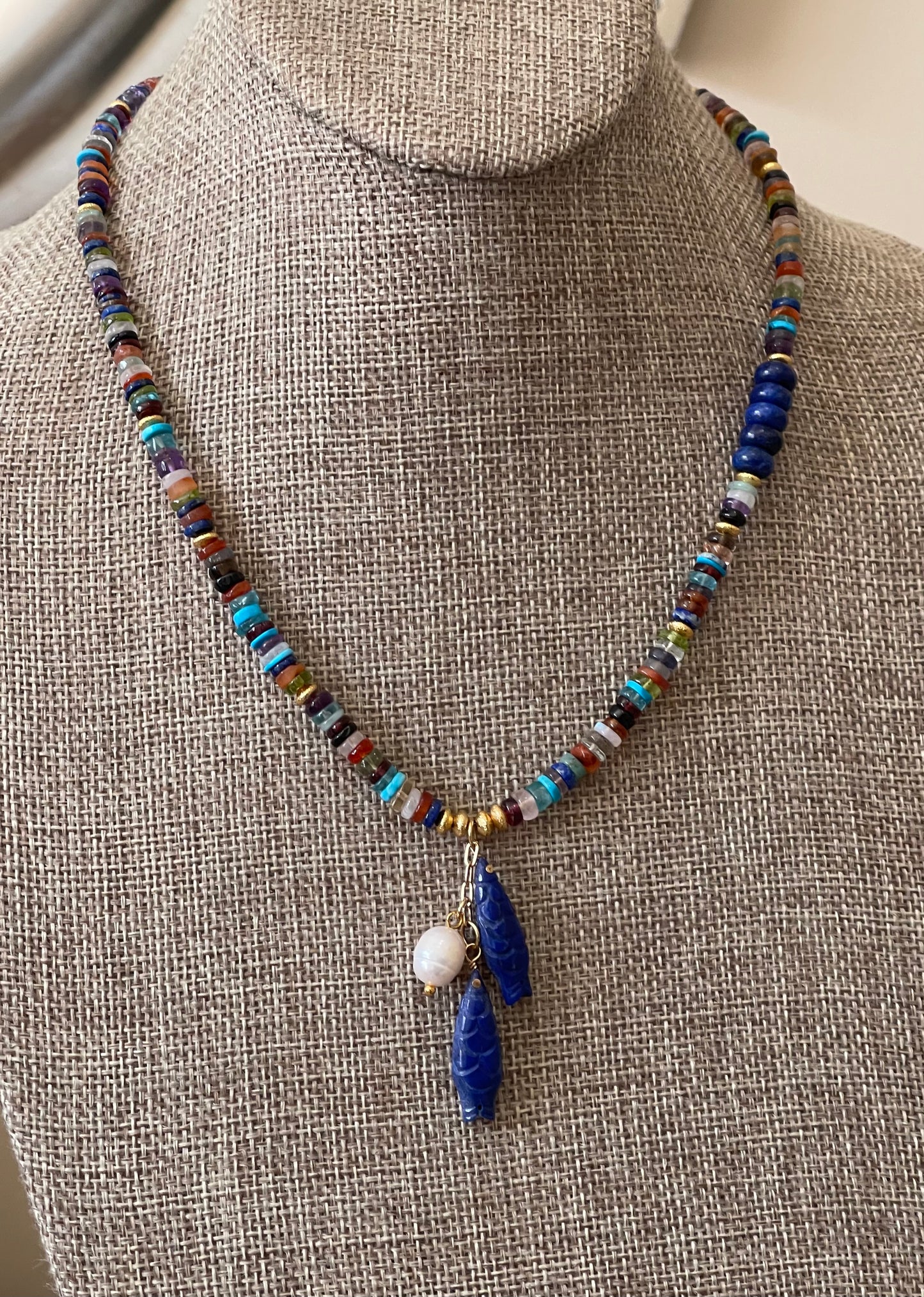 Catch O’ the Day Necklace: Mixed Multi Gemstones w Lapis & gold accents Lapis fish & Pearl Charms OOAK