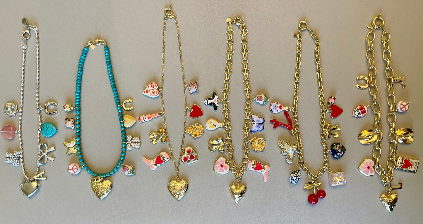 The Rachel Necklace: OOAK Thick gold chain w various fun gold plated charms in a pink and red theme