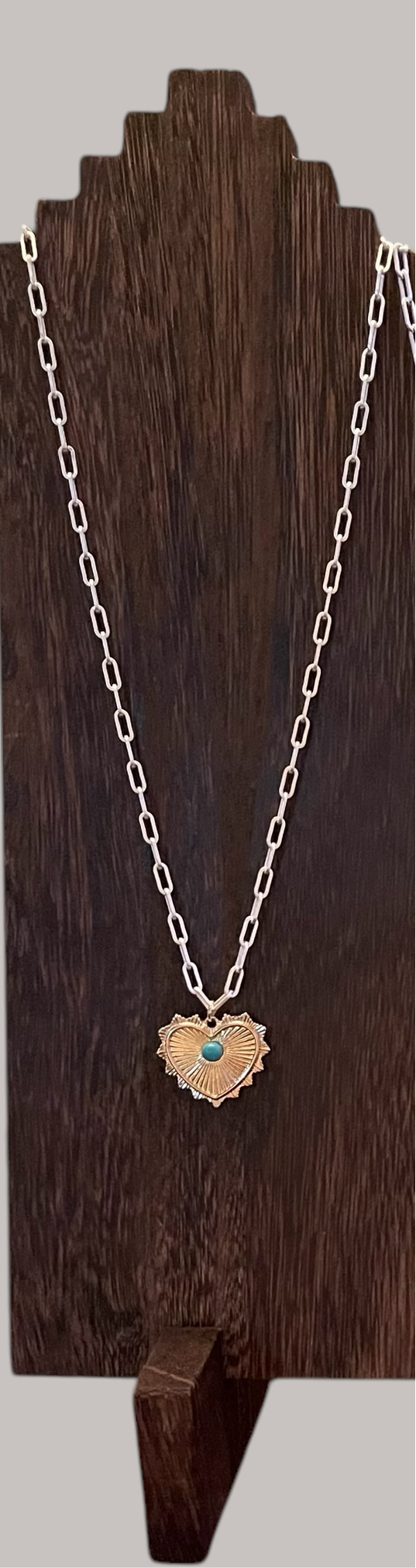 The Sonora Necklace: OOAK Bright silver Paperclip chain with a gold heart pendant sporting a genuine turquoise stone accent