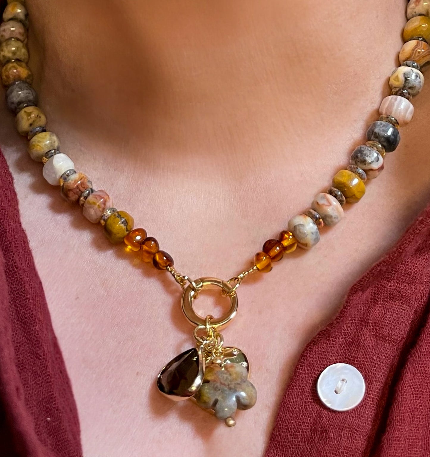 Autumn’s Embrace Necklace: Crazy Lace Agate natural stones in warm tones, Accented w Czech glass, Baltic stones and Gold charms