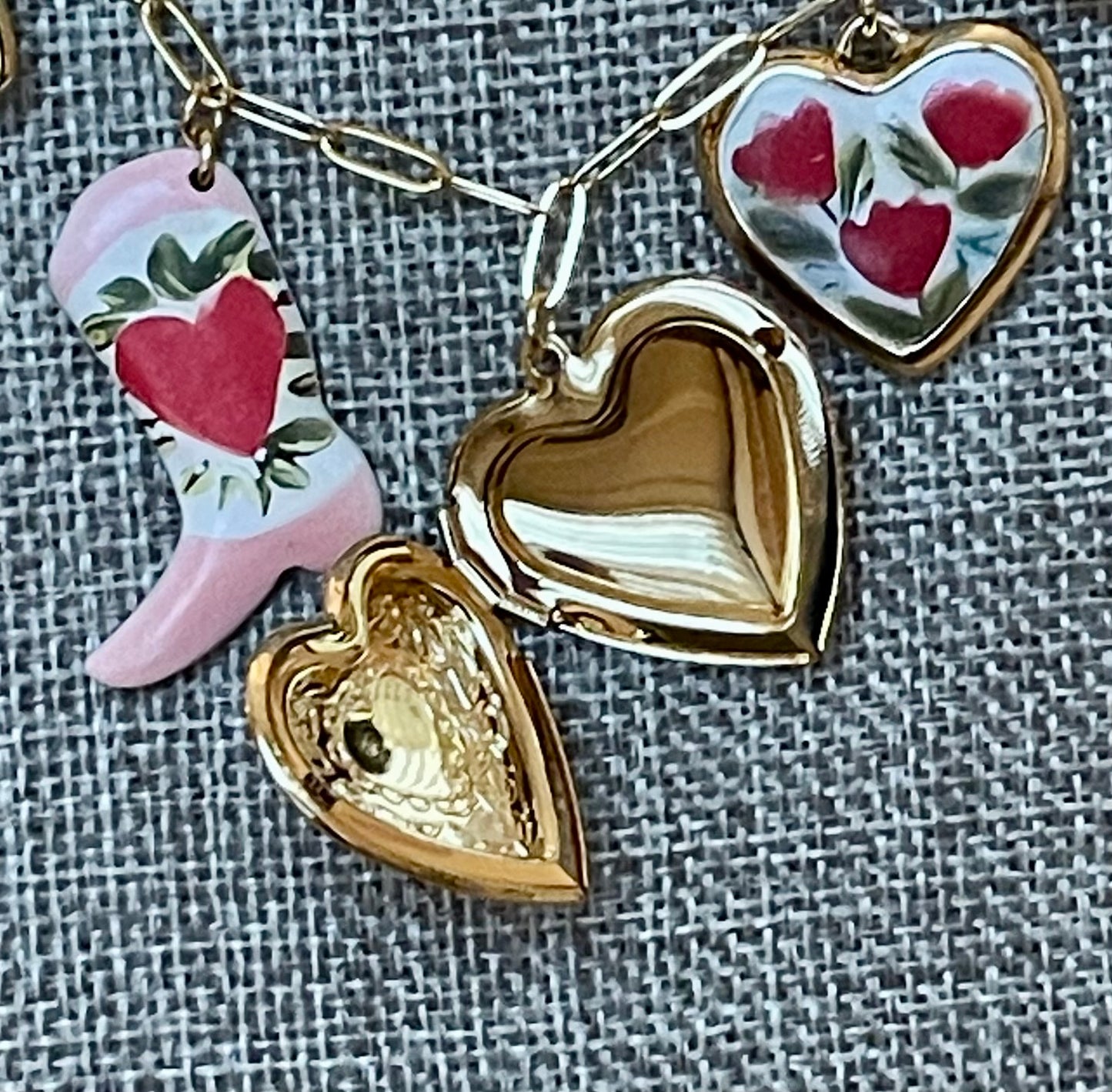 The Ashley Necklace: OOAK Tarnish resistant Paperclip chain with enameled, ceramic and gold plated charms