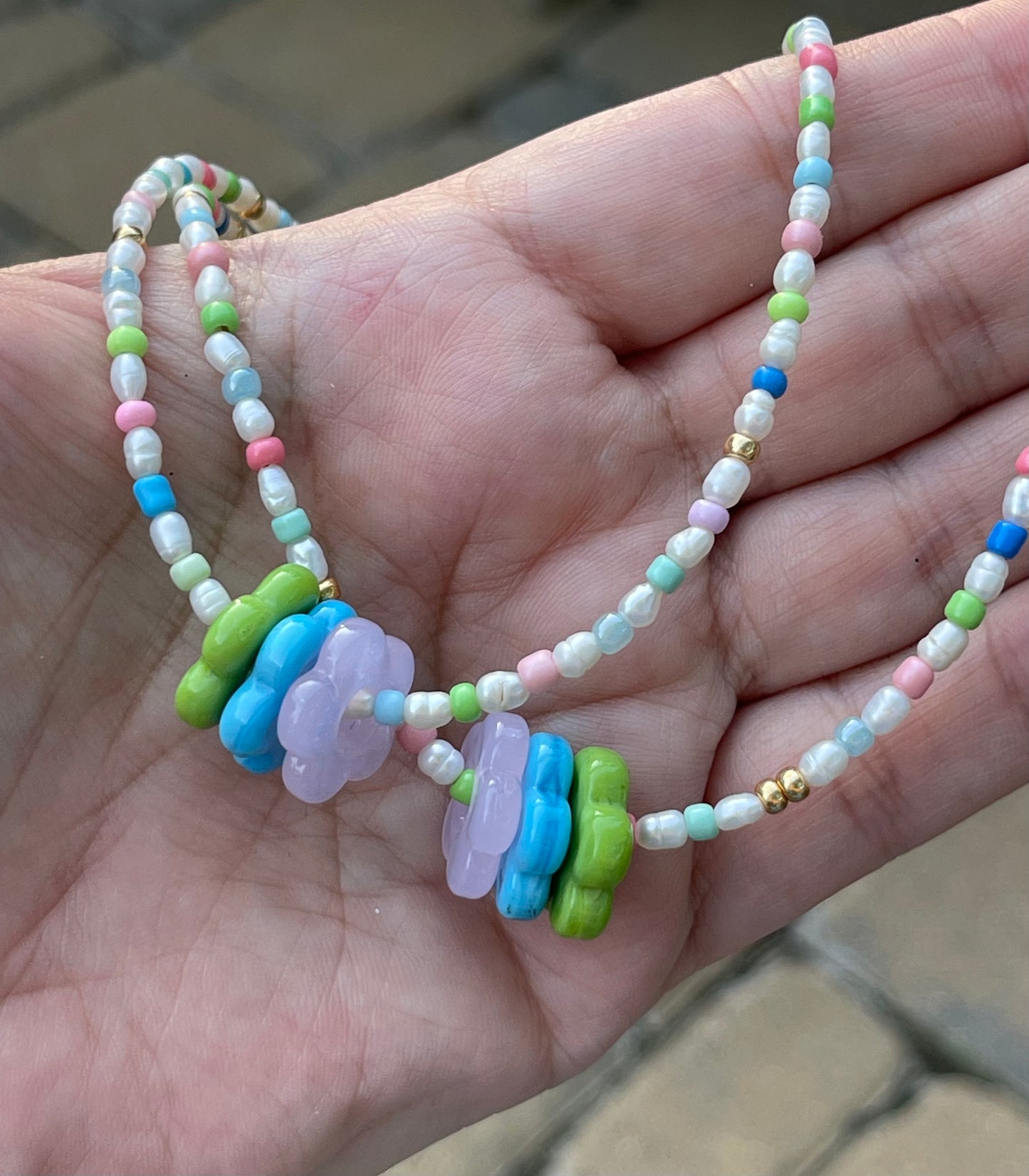 Candy Petals Necklace for Girls/Teens: Freshwater Pearls, Candy colored accents, Fun flower charms and gold clasp and extender