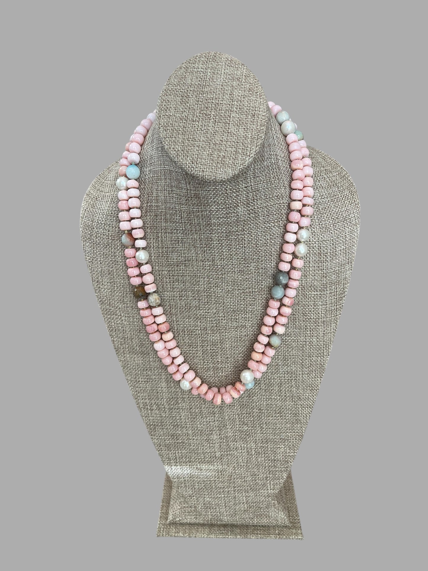 The Audrey Necklace: Natural pink opals hand knotted on pale green silk w Pearls and Amazonite