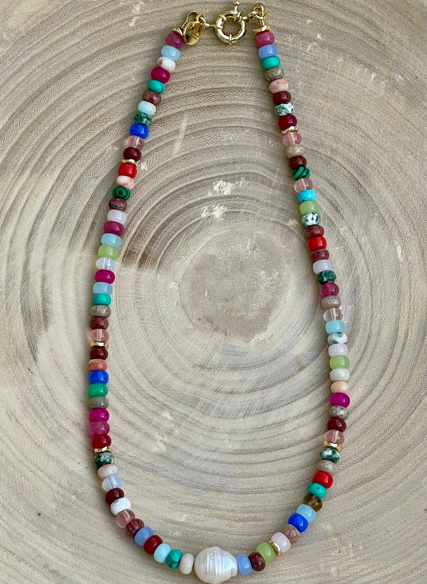Joie Necklace: Colorful Mix of Natural Gemstones Gold Accent Beads and a Freshwater Baroque Pearl 2 Bead Size Options 6mm or 8mm