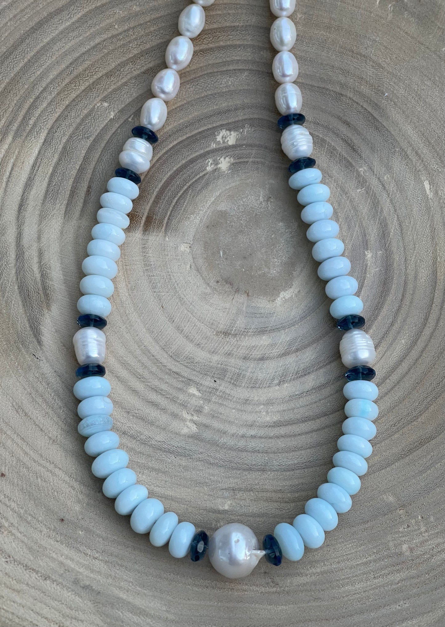 Coastal Charm Necklace OOAK: Pale blue opals AAA quality pearls London blue topaz Brushed silver clasp