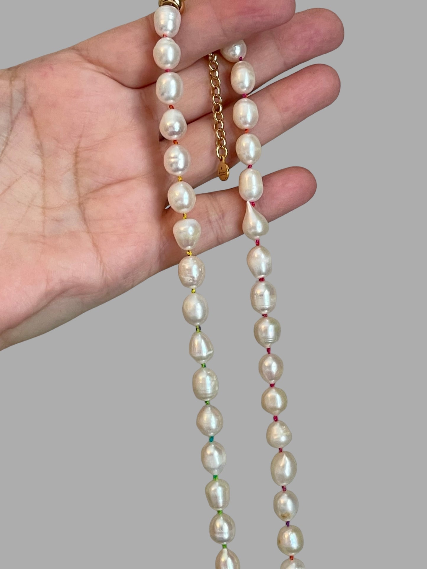 Rainbow Pearls Necklace OOAK! Freshwater Pearls Handknotted on Rainbow Silk