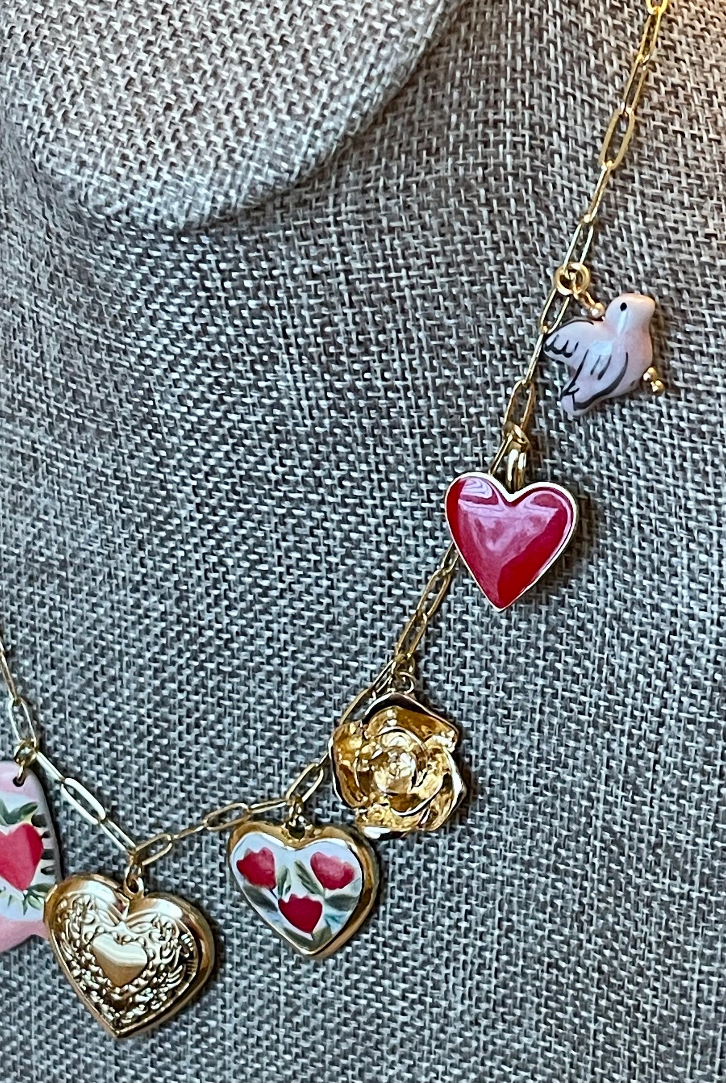The Ashley Necklace: OOAK Tarnish resistant Paperclip chain with enameled, ceramic and gold plated charms