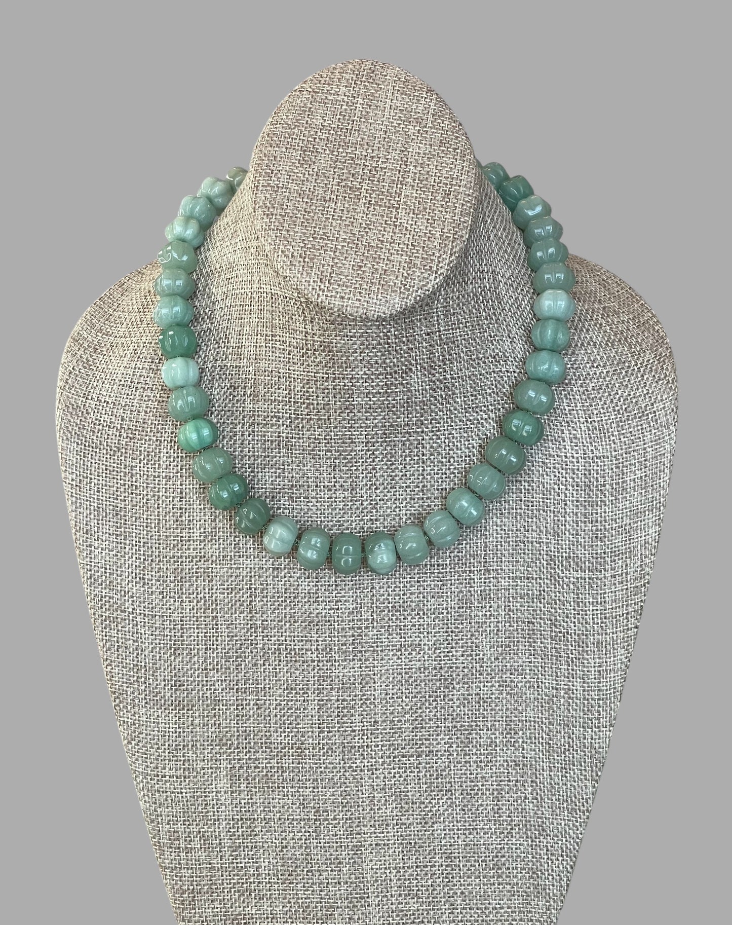 Sage Serenade Necklace OOAK: Sage green hand carved gemstones Hand-knotted on silk