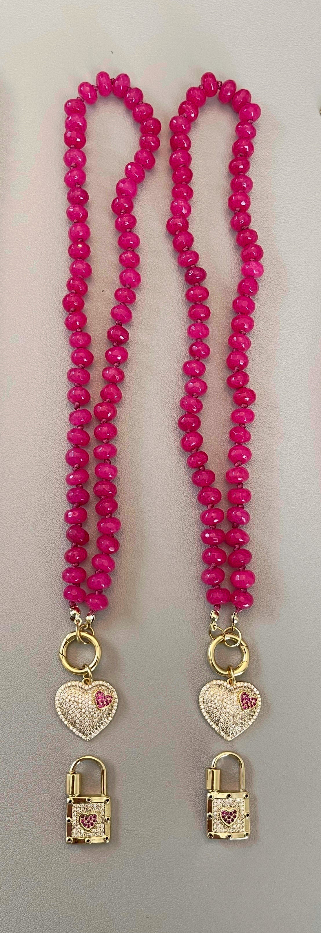 Falling for Fuchsia Necklace: Natural fuchsia crackle Quartz softly faceted Hand knotted beads w/2 Charms 🩷🔒