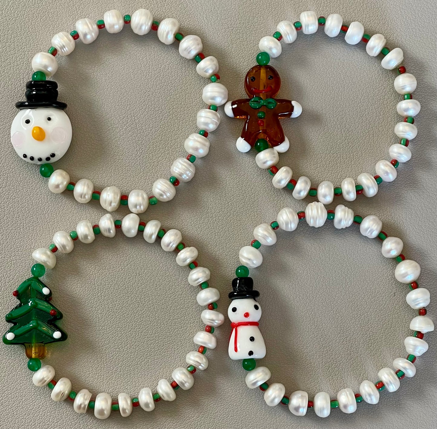Holiday Snowball Bracelets: Hand painted glass centerpiece on a Freshwater Pearl stretch bracelet FREE SHIPPING