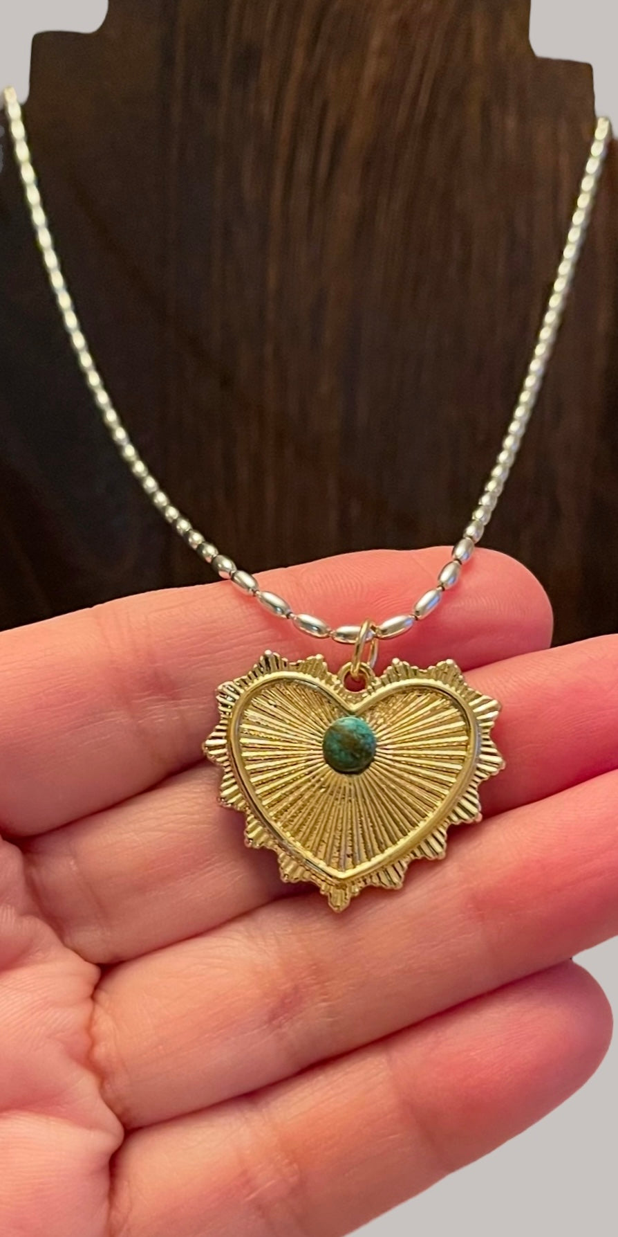 The Sierra Necklace: OOAK Sterling Silver rice shaped chain with a gold heart pendant sporting a genuine turquoise stone centerpiece