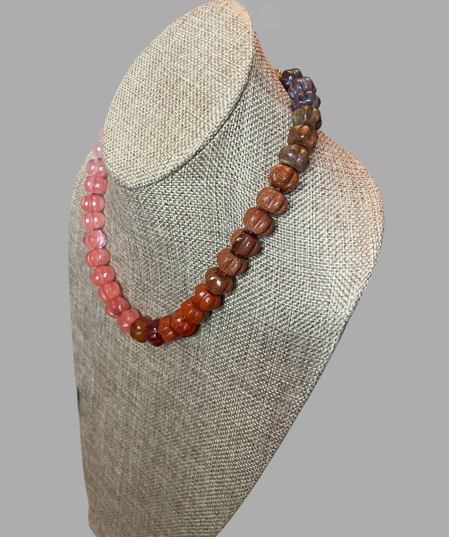 Ombré Roses Necklace OOAK: A stunning mix of hand-carved Gemstones, hand-knotted on pink silk