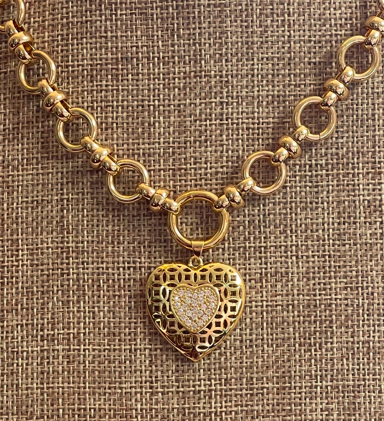 Elysian Gold Necklace: A timeless chain style w/a round clasp/charm holder, classic heart pendant OOAK