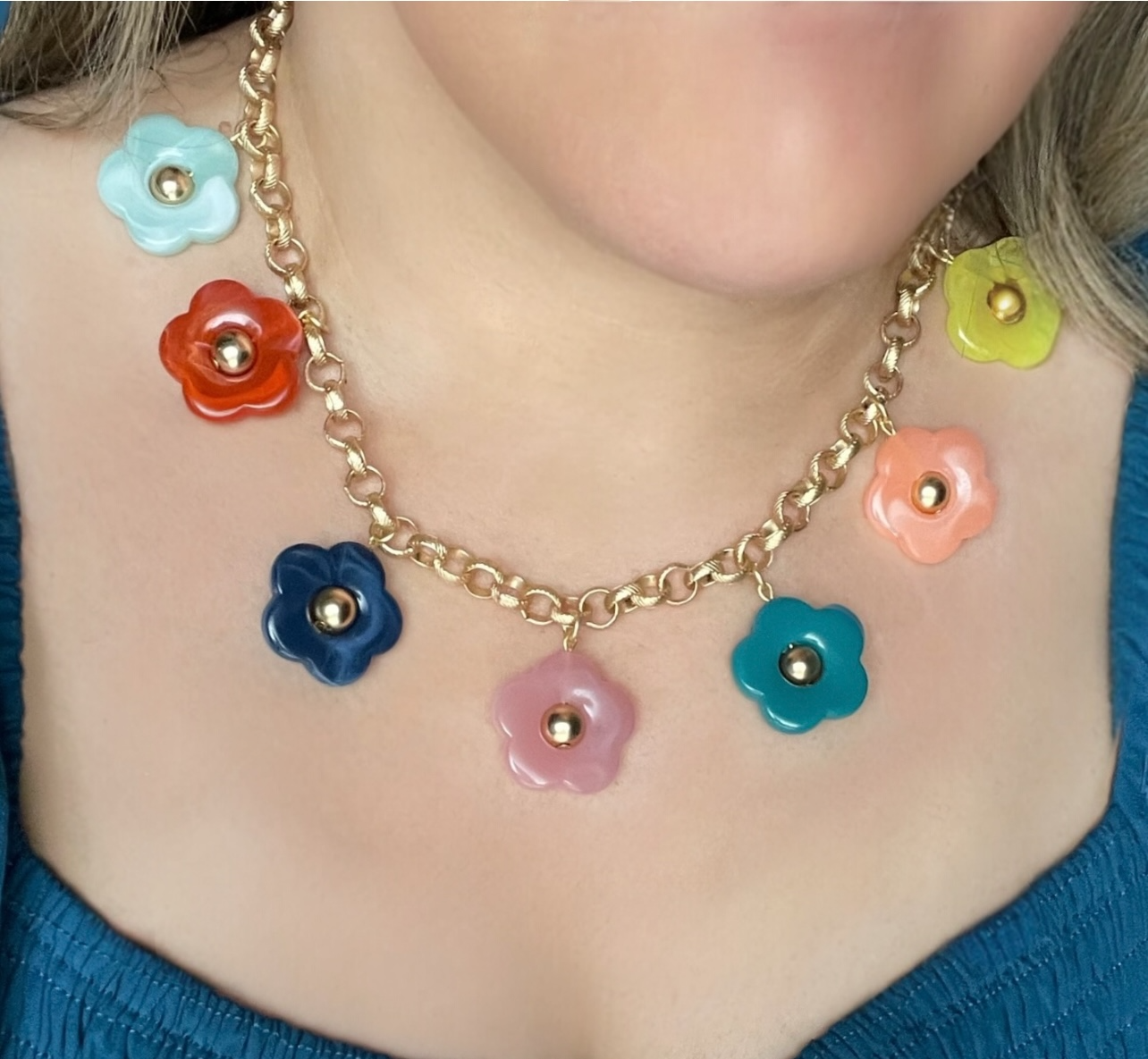 Bloom Necklace: Acrylic flowers with brushed gold centers on a brushed gold Rolo chain