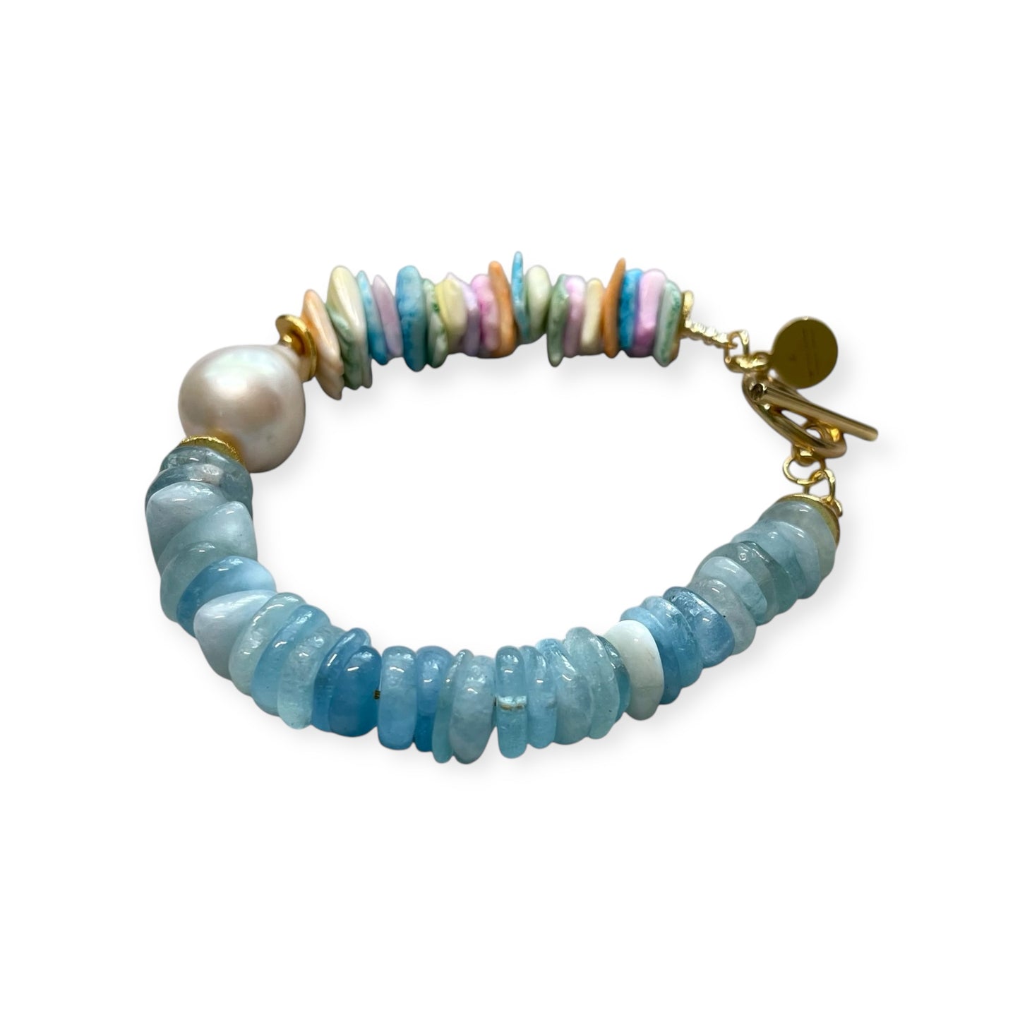 Chic Island Bracelets: Pastel dyed Puka shell, Flawless Baroque Pearl, Aquamarine OR Rose Quartz, Gold accents