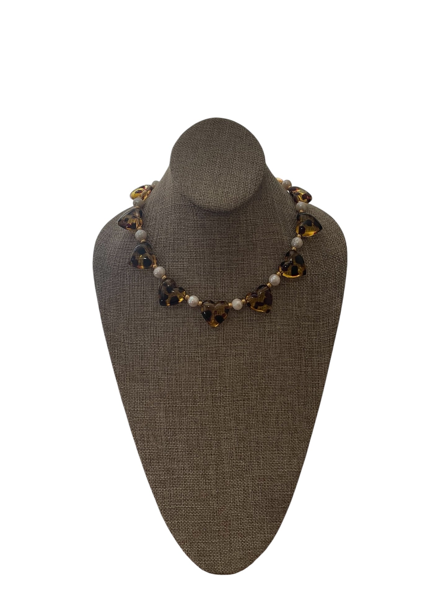 Leopard Love Necklace: Acrylic Leopard Print hearts with gold glass accent beads and Freshwater Pearls Gold Pavé toggle clasp