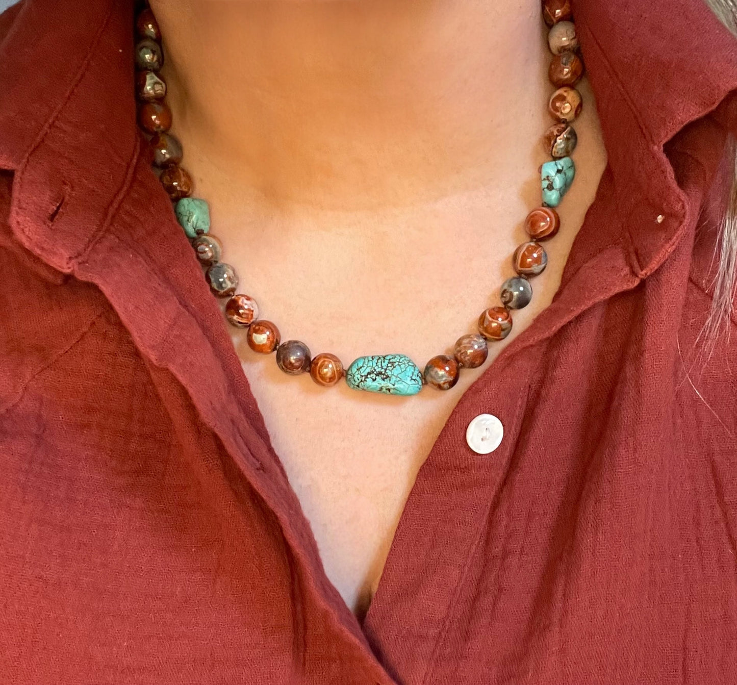 Red Copper & Turquoise Necklace: Hand knotted on brown silk, Natural Agate beads and rustic Turquoise, Gold Toggle clasp OOAK