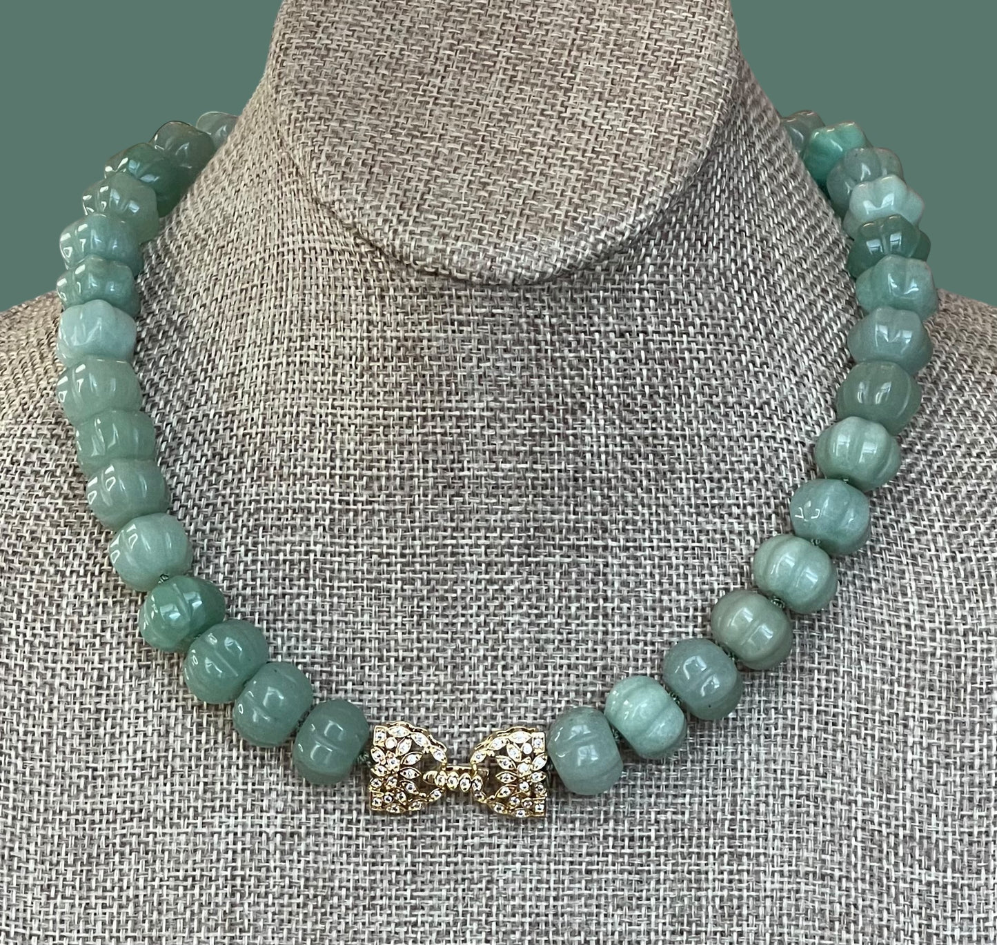 Sage Serenade Necklace OOAK: Sage green hand carved gemstones Hand-knotted on silk