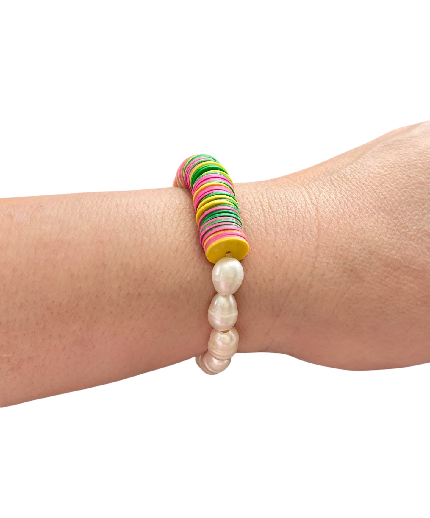 Double Take Bracelet: Freshwater Pearls Meet Fun Bright Phono Vinyl Beads Stretch Bracelet