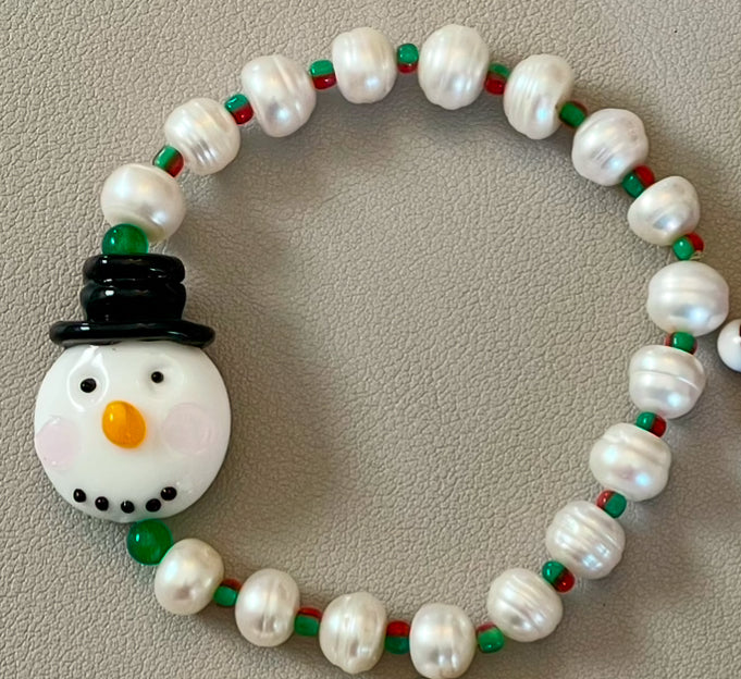 Holiday Snowball Bracelets: Hand painted glass centerpiece on a Freshwater Pearl stretch bracelet FREE SHIPPING