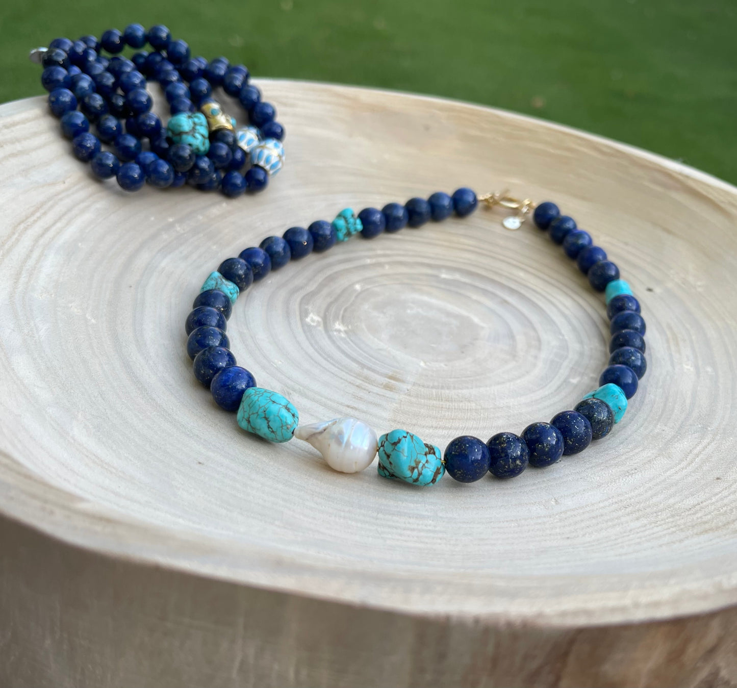 Deep Sea Muse: AAA quality Lapis Lazuli beads with Turquoise and a freshwater baroque pearl center OOAK