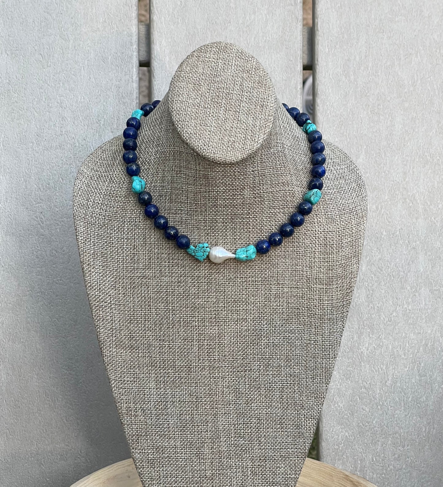 Deep Sea Muse: AAA quality Lapis Lazuli beads with Turquoise and a freshwater baroque pearl center OOAK