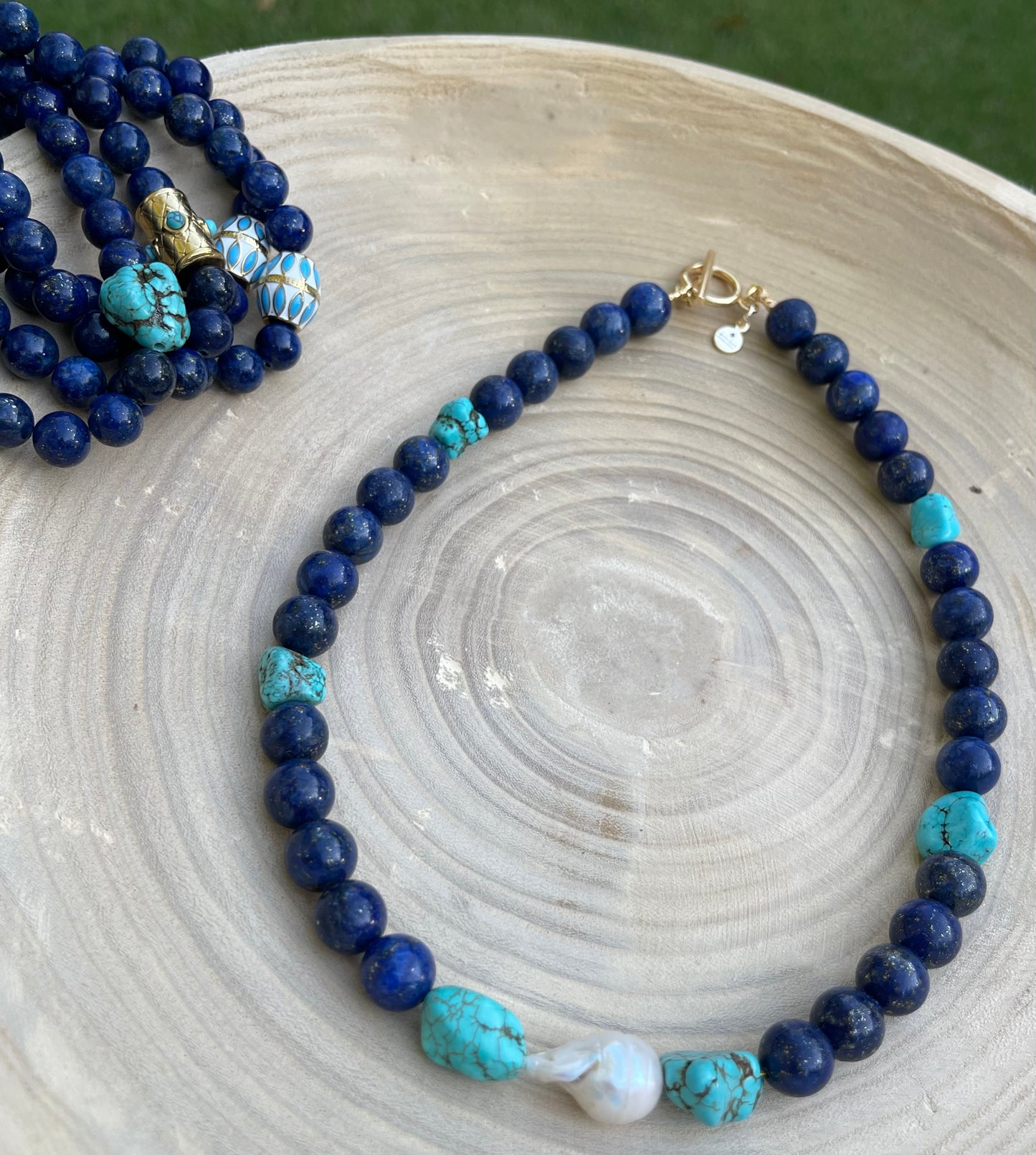 Deep Sea Muse: AAA quality Lapis Lazuli beads with Turquoise and a freshwater baroque pearl center OOAK