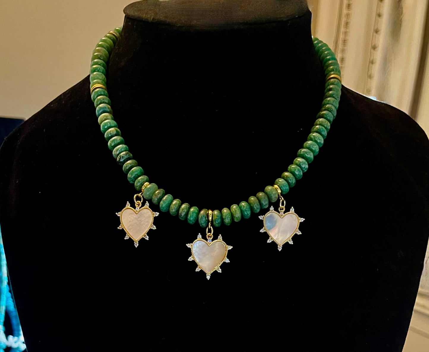 Hearts Trio Necklace: Handmade African Jade with Mother of Pearl Heart Pendants OOAK