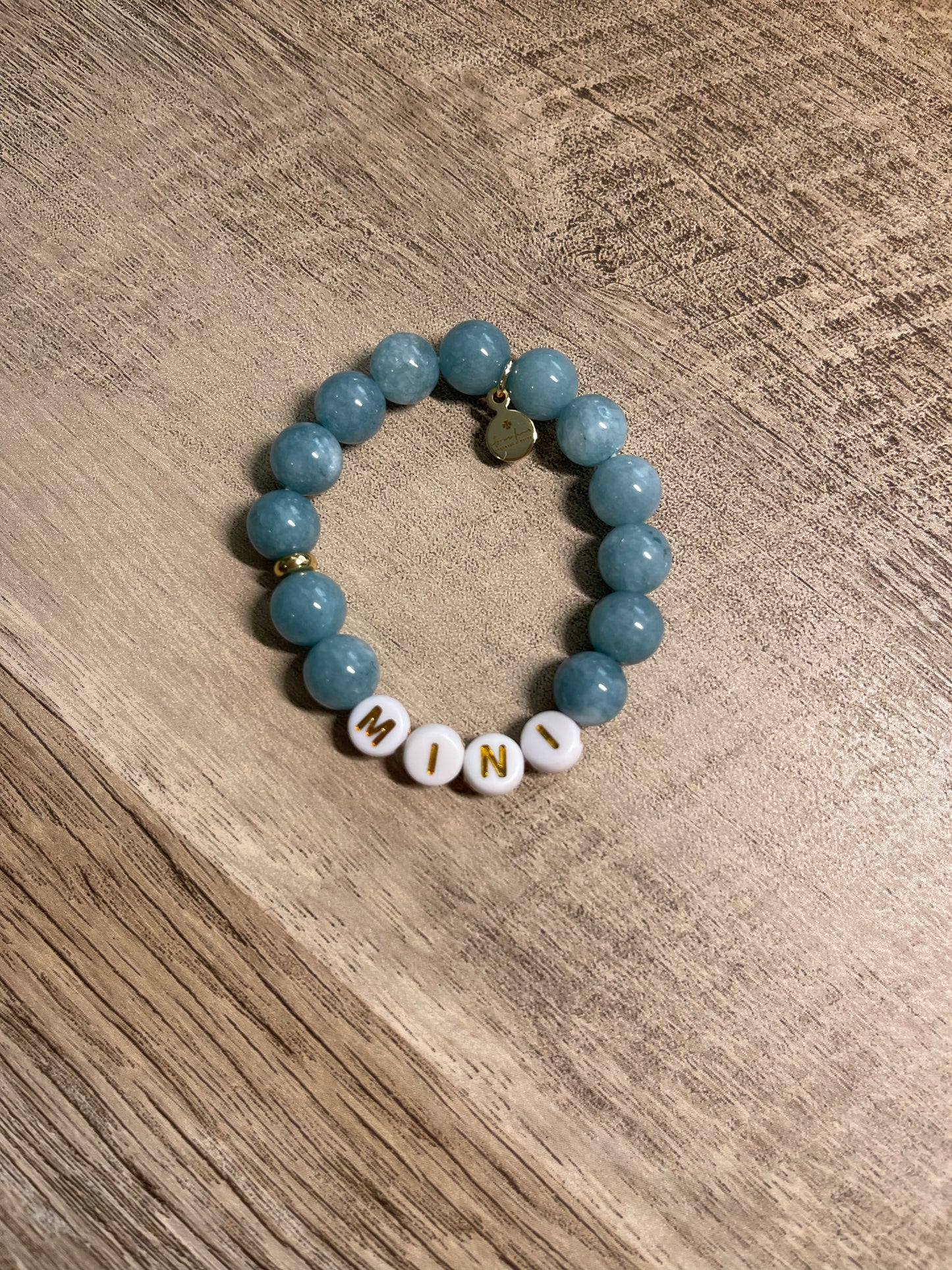 Mama & Mini Bracelets: Blue Jade round bead stretch bracelets Gold accents