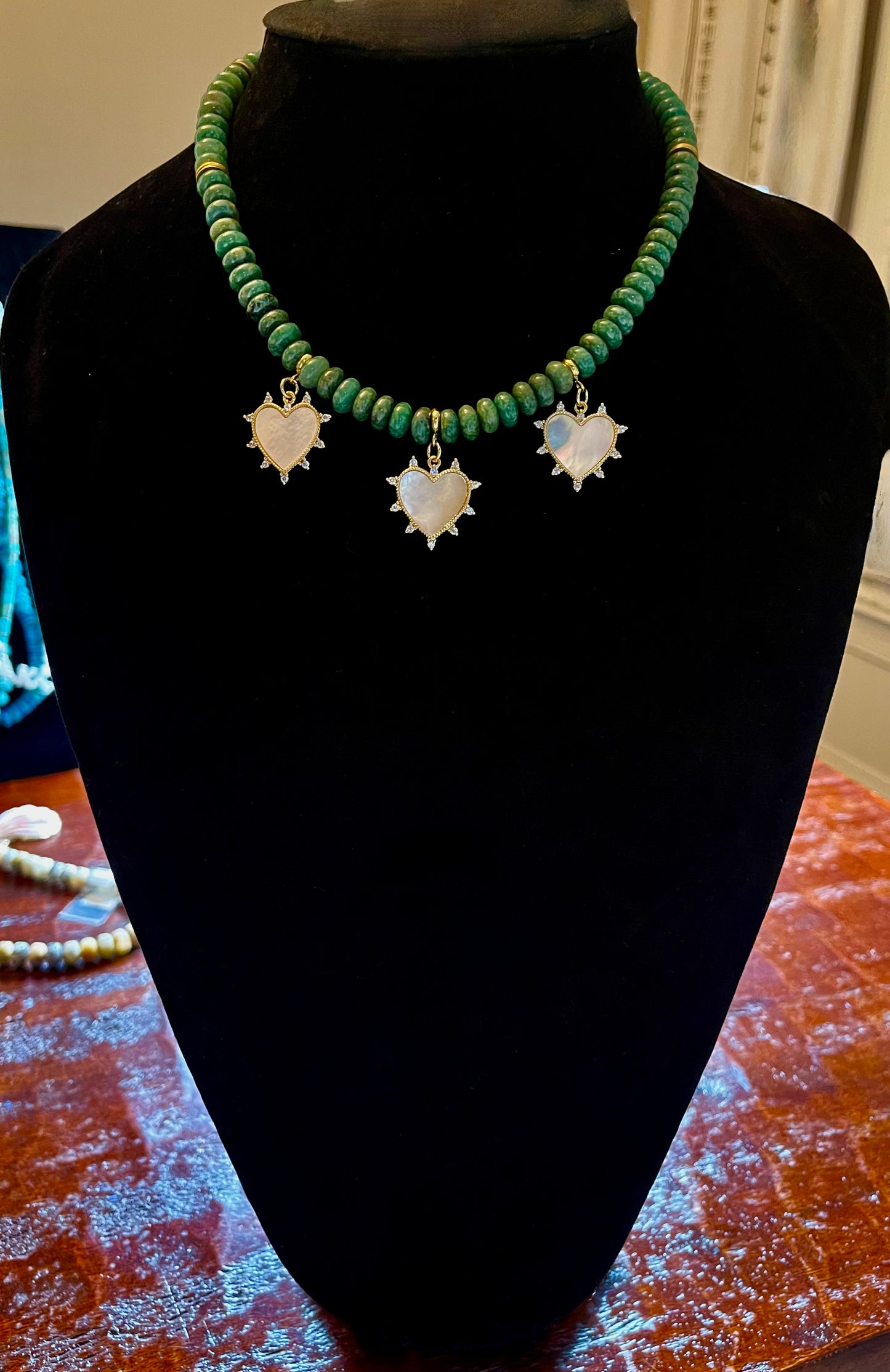 Hearts Trio Necklace: Handmade African Jade with Mother of Pearl Heart Pendants OOAK