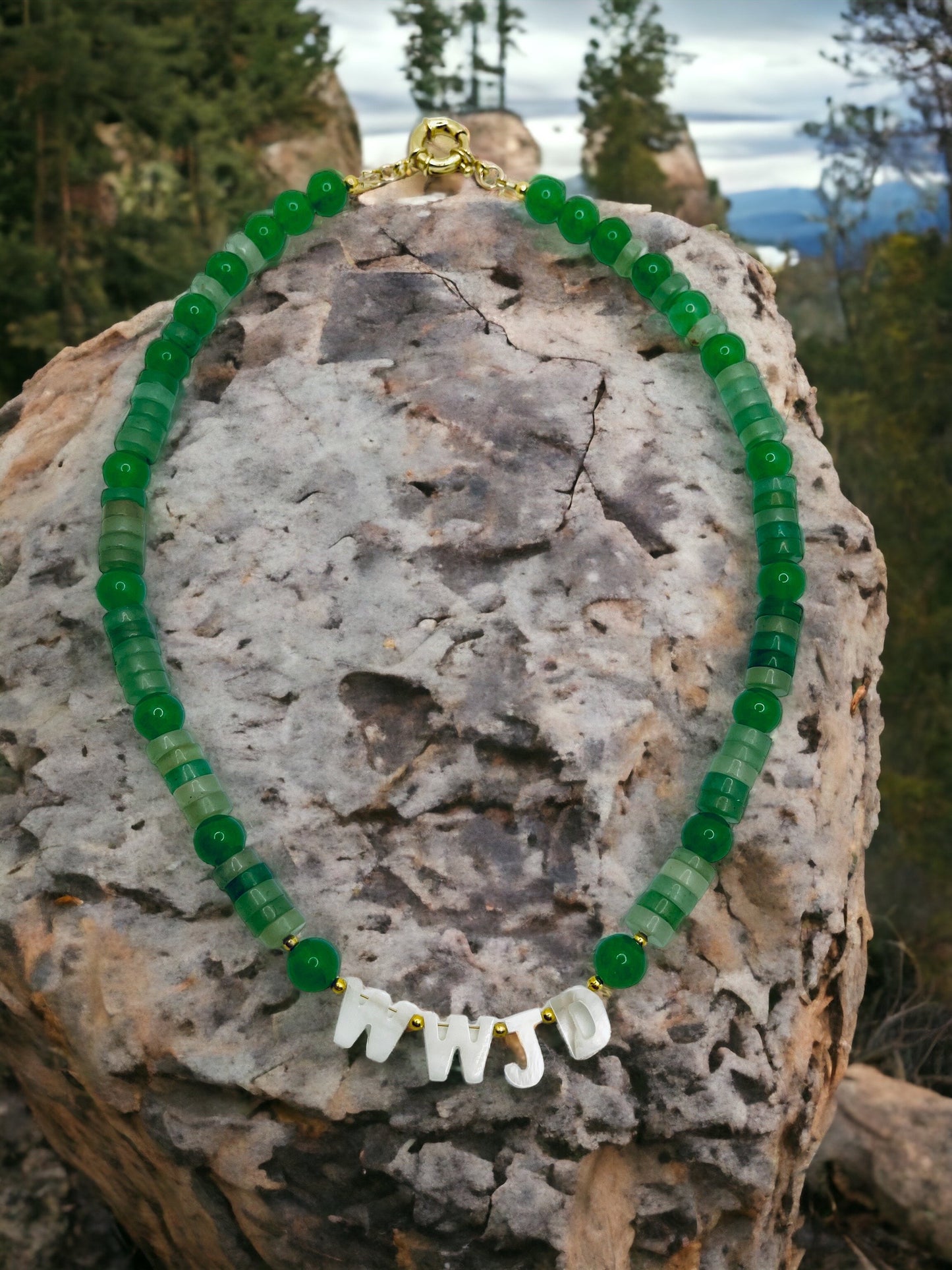 WWJD Necklace: Green Aventurine beads in 2 shapes MOP Shell letters