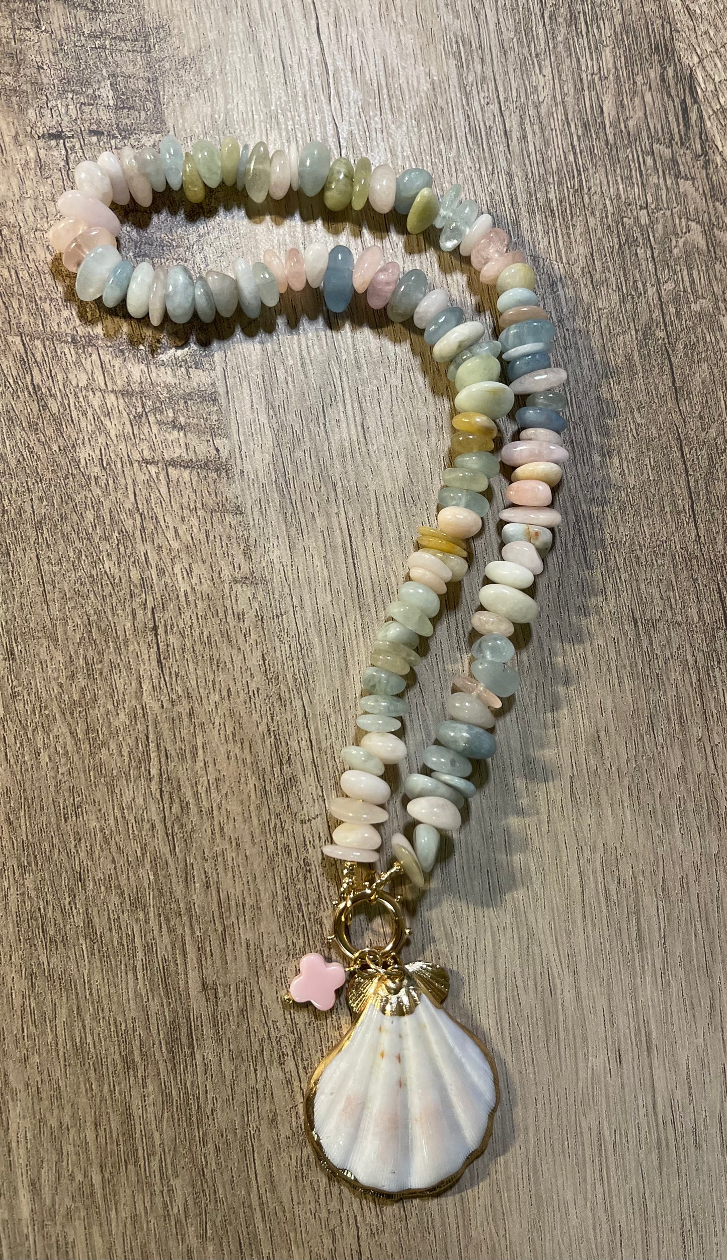 Pastel Charmer Necklace OOAK: Morganite Beryl beads Natural Seashell