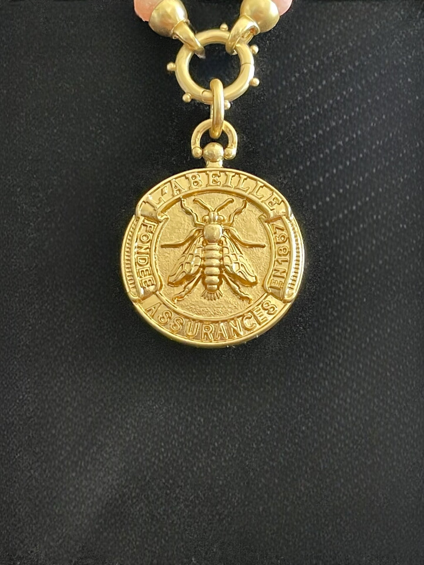 Janet Ann Necklace: Hand-knotted Dark Peach Agate beads w Gold French Replica Bee Coin Pendant