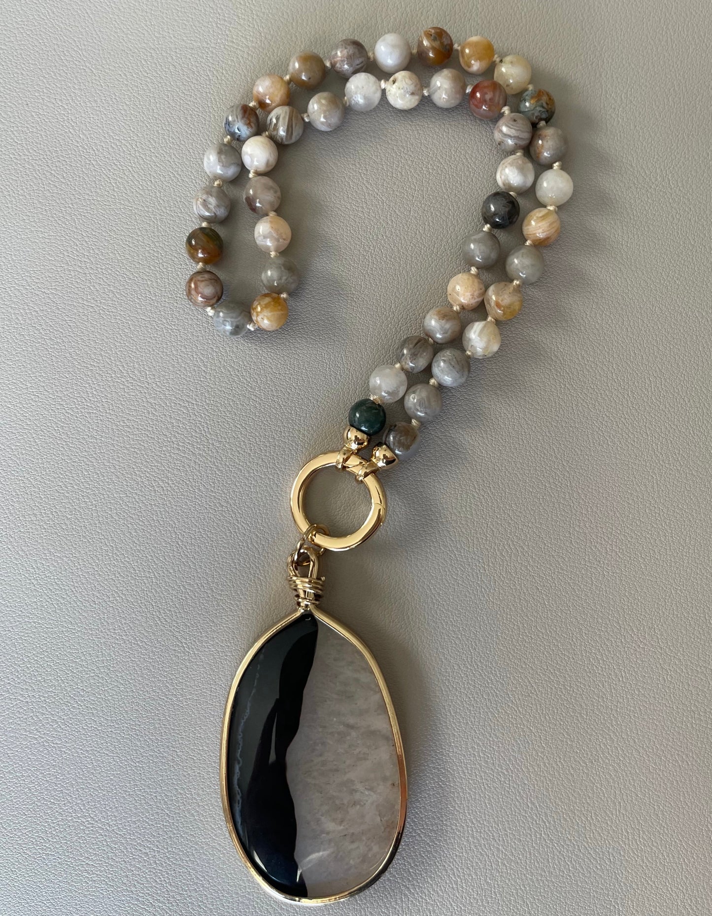 OOAK: Bamboo Agate Hand Knotted Beads with Gold Vermeil Clasp and Mixed Color Agate Stone Pendant