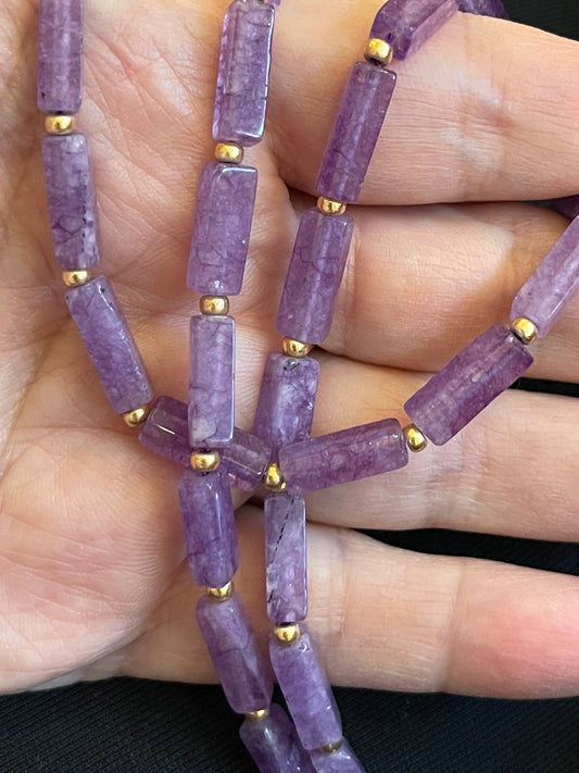 OOAK Amethyst Tube Shaped Beads with Gold Accents Necklace Strung on silk