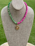 Honey Pop Necklace: OOAK Green & Hot Pink Natural Jade Stone Beads, Gold Accents, a Shiny Gold Bee Coin Style Pendant