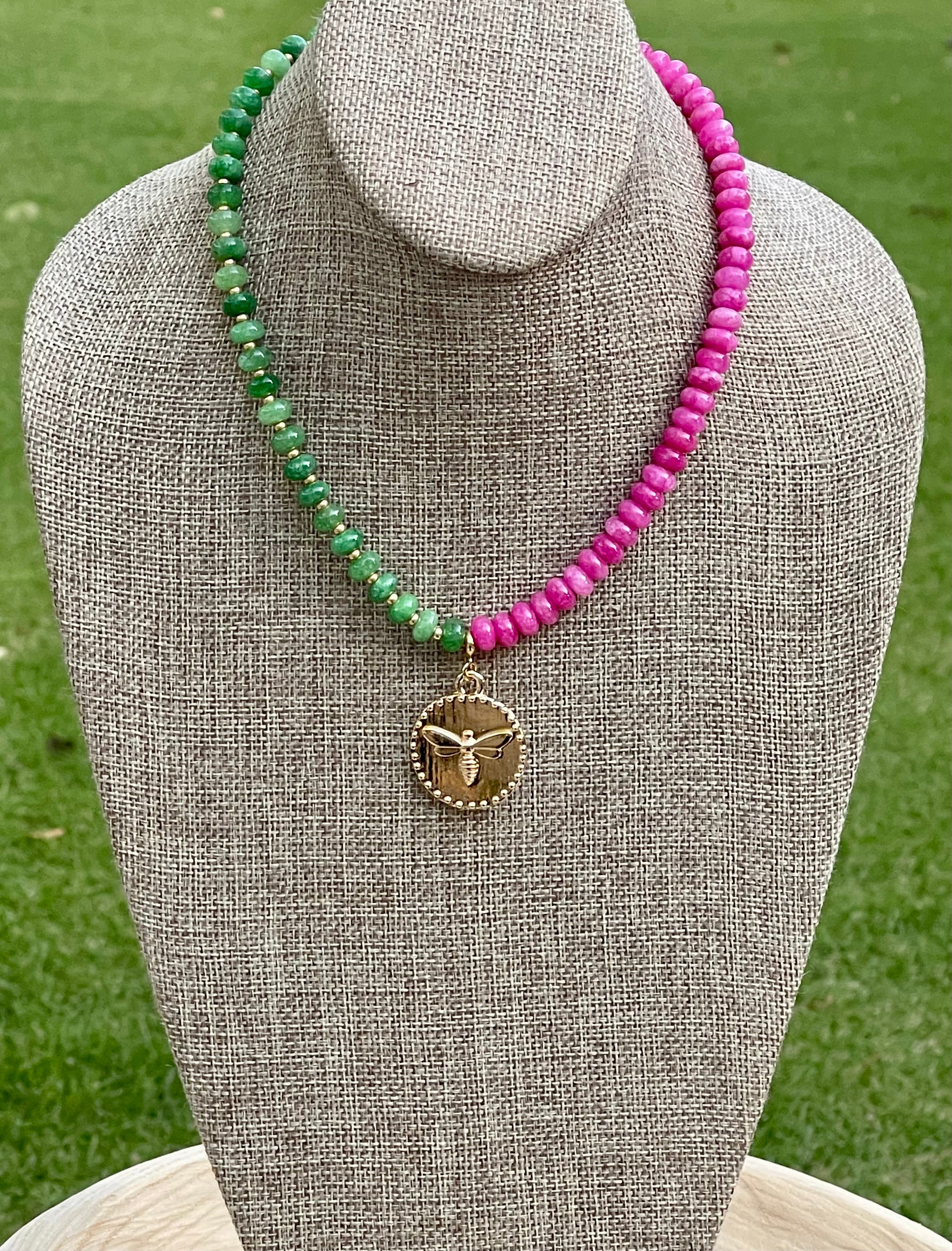 Honey Pop Necklace: OOAK Green & Hot Pink Natural Jade Stone Beads, Gold Accents, a Shiny Gold Bee Coin Style Pendant