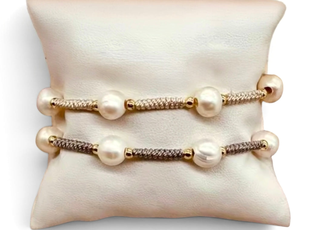 Quiet Luxury Bracelet: Freshwater Pearls, gold accents, hand woven and adjustable length