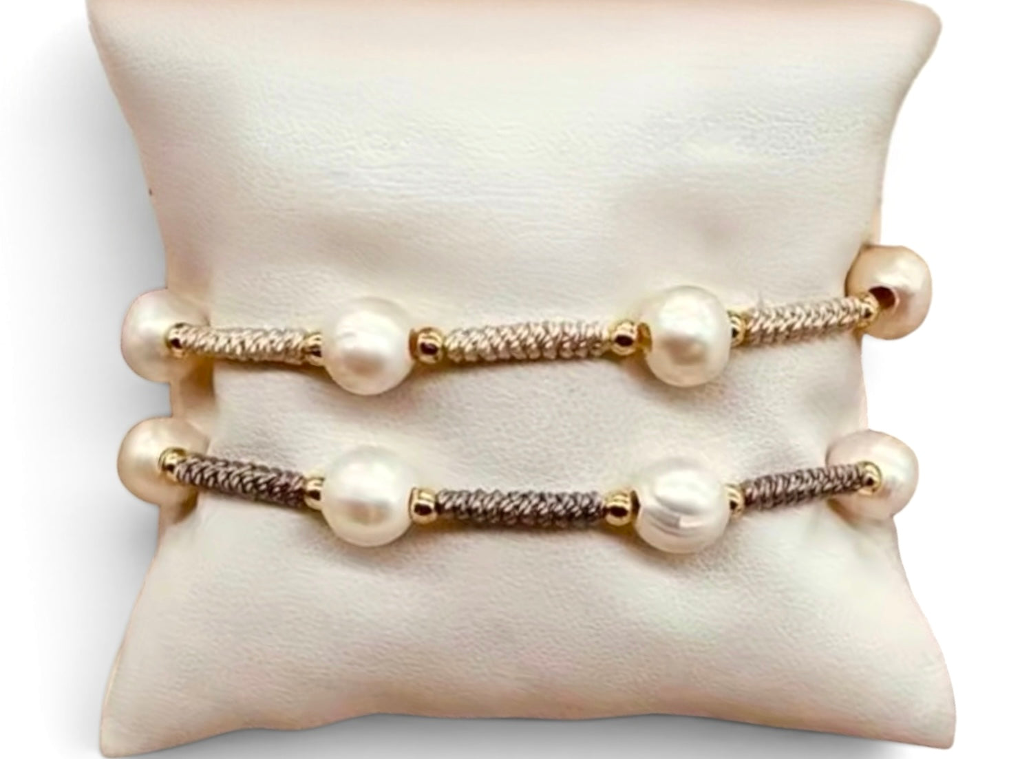 Quiet Luxury Bracelet: Freshwater Pearls, gold accents, hand woven and adjustable length