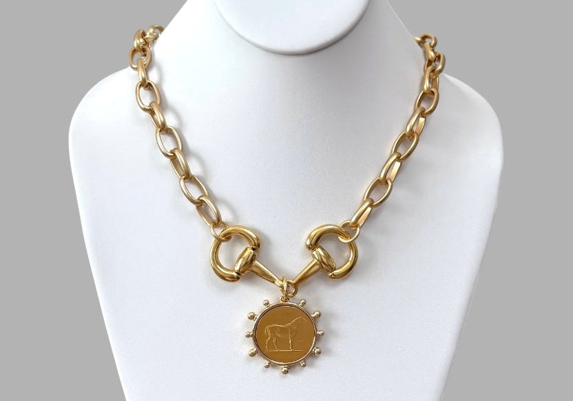 Bit of Gold: Matte and Shiny Gold Necklace with Horse Medallion OOAK